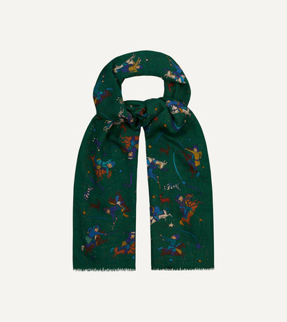 Drake's Green Mughal and Stars Print Wool Scarf