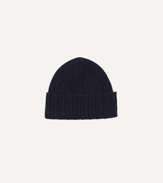 Drake's Navy Angora Lambswool Ribbed Knit Cap