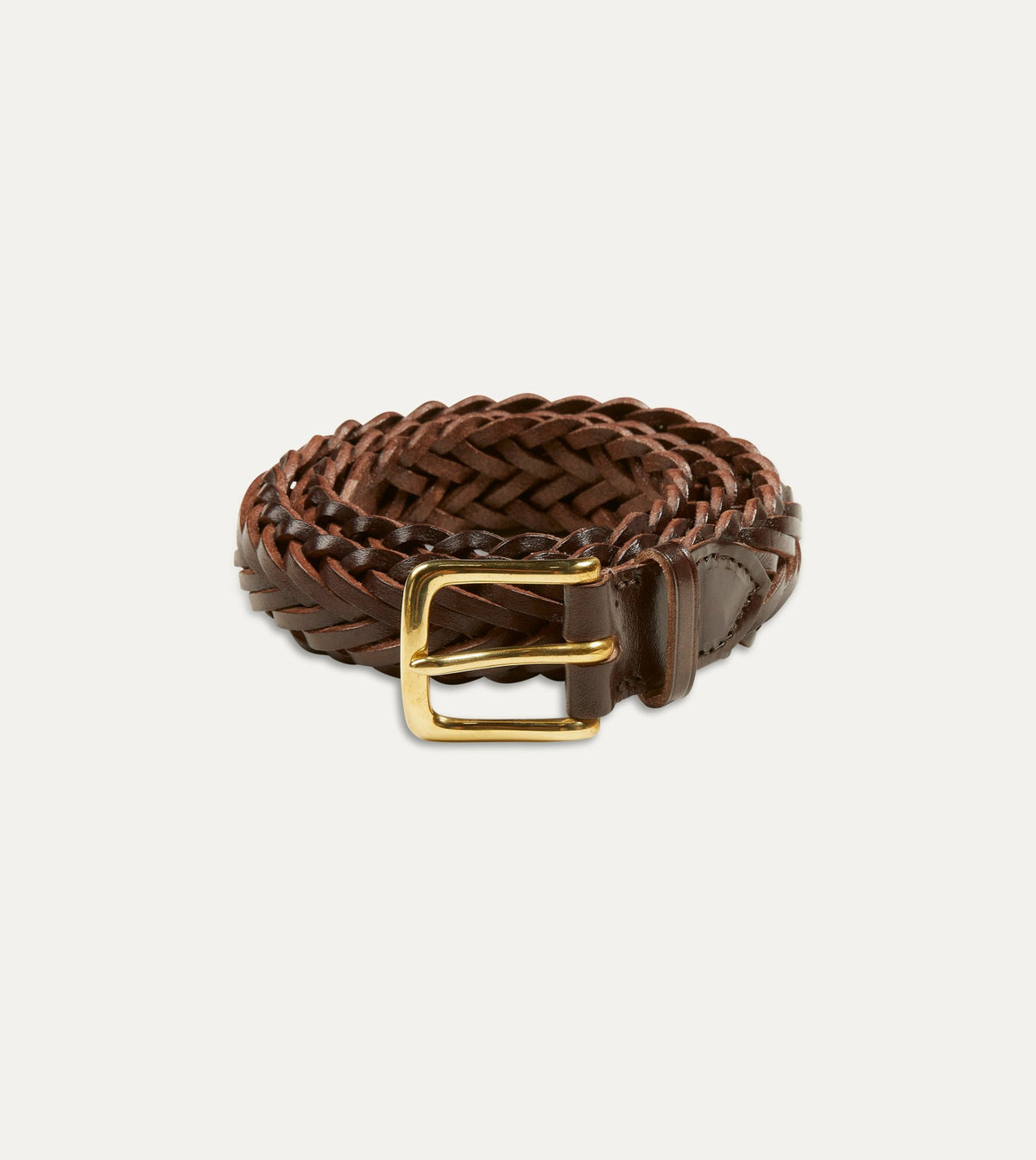 Drake's Brown Plaited Bridle Leather Belt with Brass Buckle