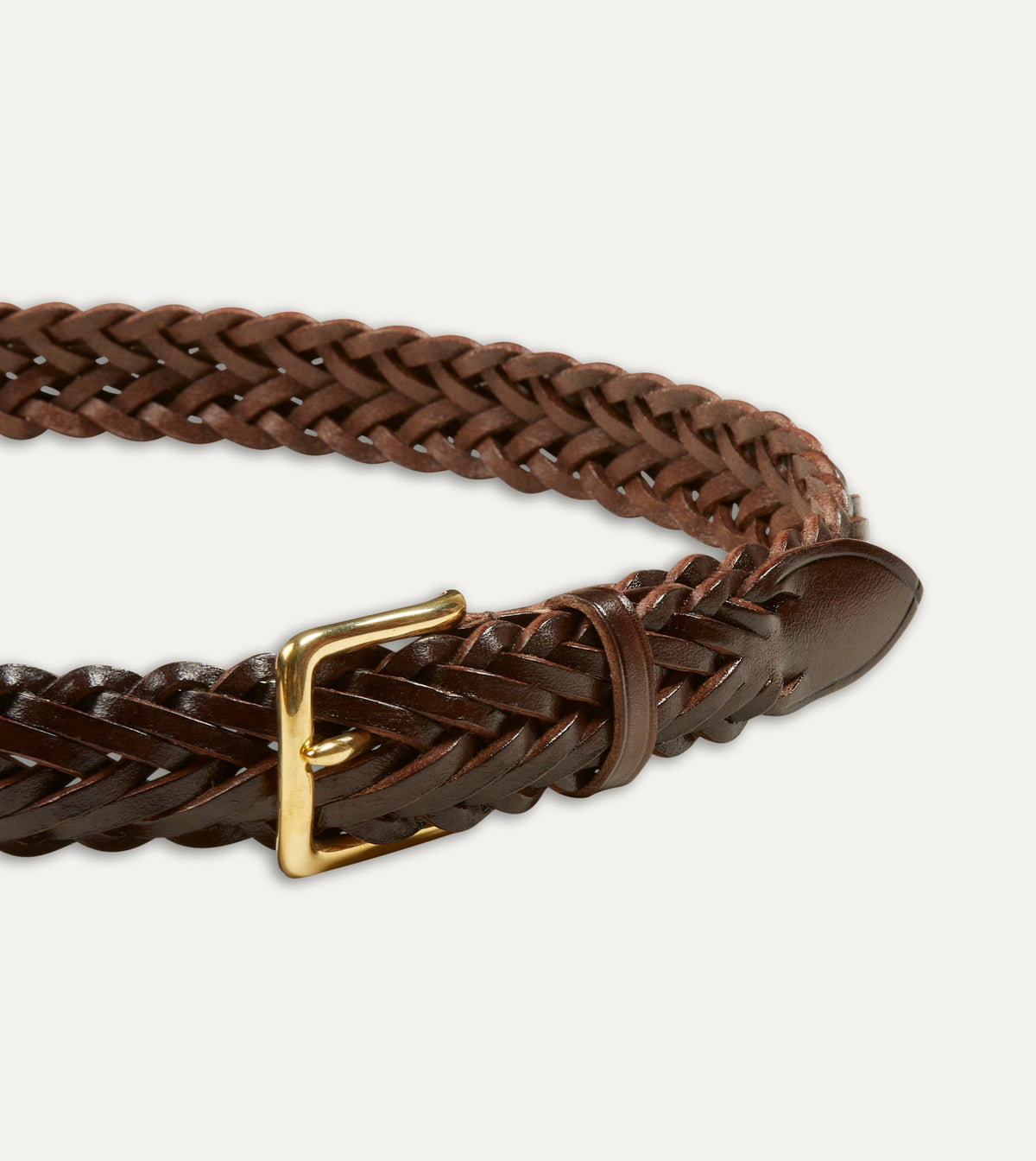 Drake's Brown Plaited Bridle Leather Belt with Brass Buckle
