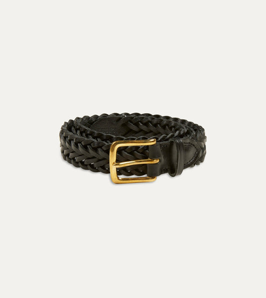 Drake's Black Plaited Bridle Leather Belt with Brass Buckle