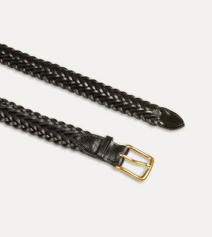 Drake's Black Plaited Bridle Leather Belt with Brass Buckle