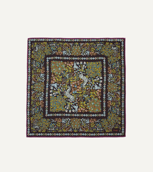 Drake's Purple Mythical Forest Print Wool-Silk Bandana