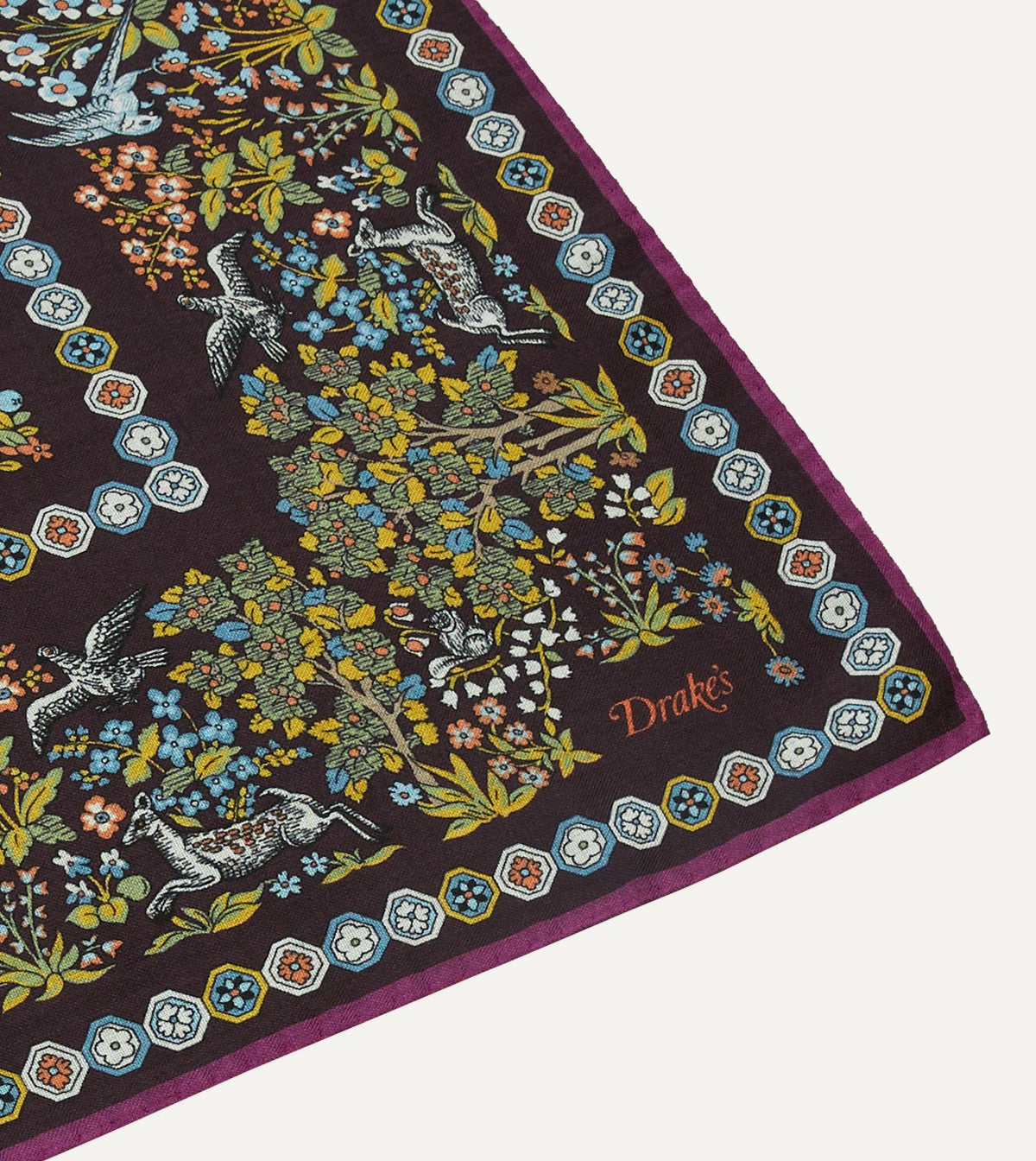 Drake's Purple Mythical Forest Print Wool-Silk Bandana