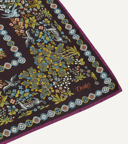 Drake's Purple Mythical Forest Print Wool-Silk Bandana