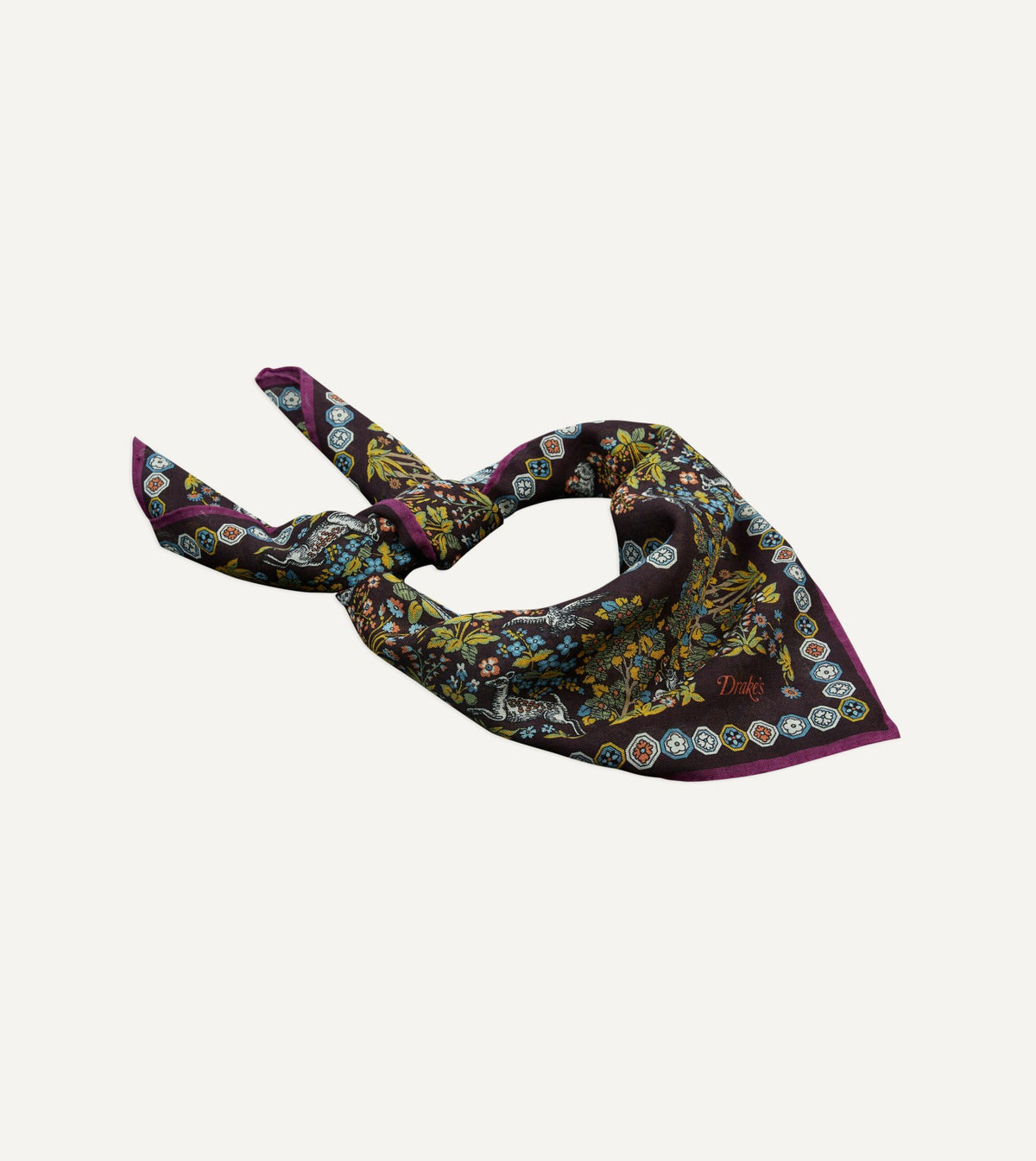 Drake's Purple Mythical Forest Print Wool-Silk Bandana