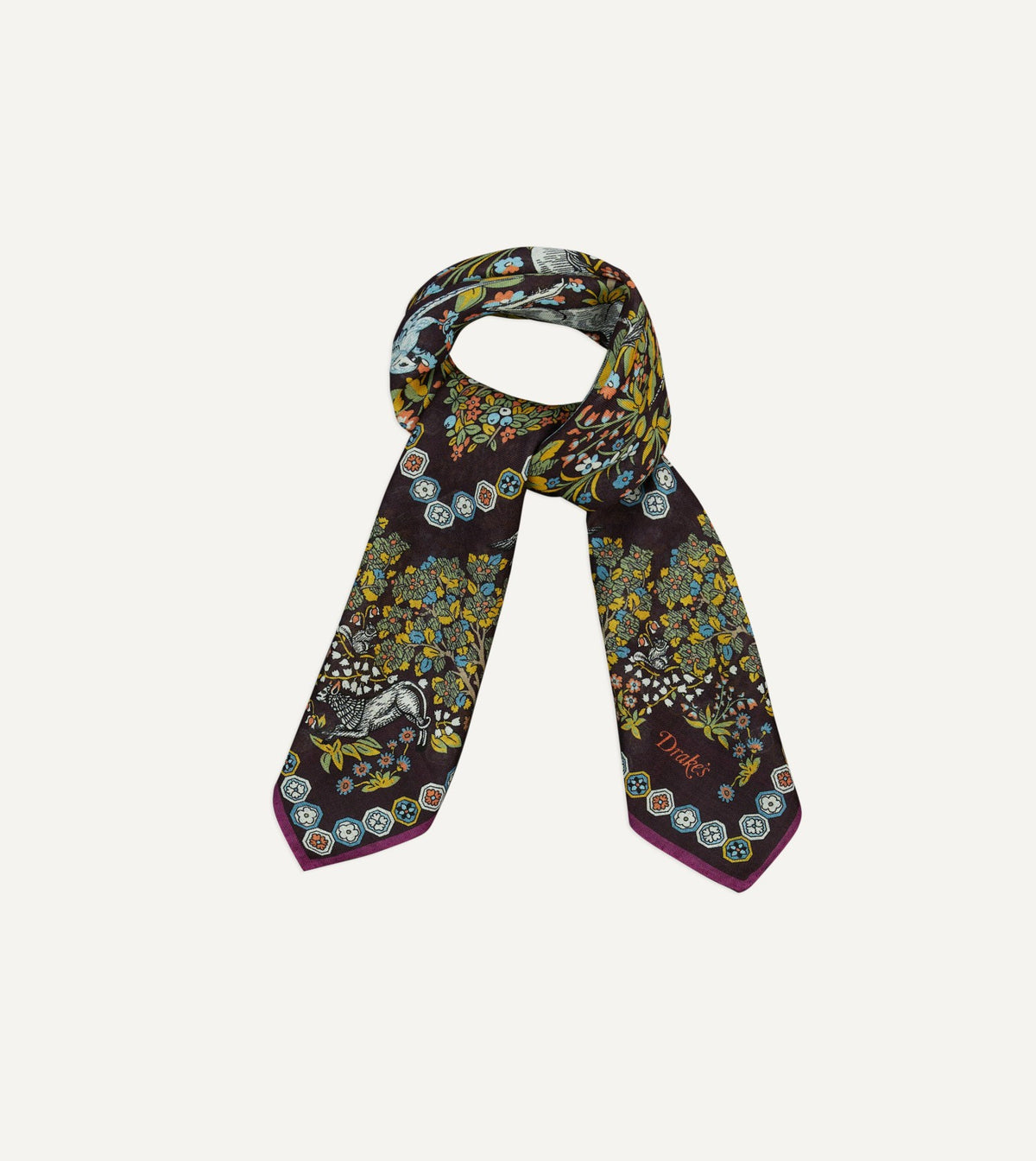 Drake's Purple Mythical Forest Print Wool-Silk Bandana