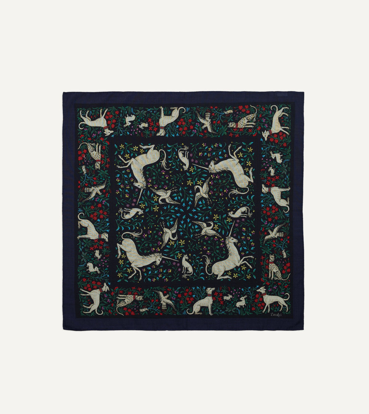 Drake's Navy Unicorn Print Wool-Silk Bandana