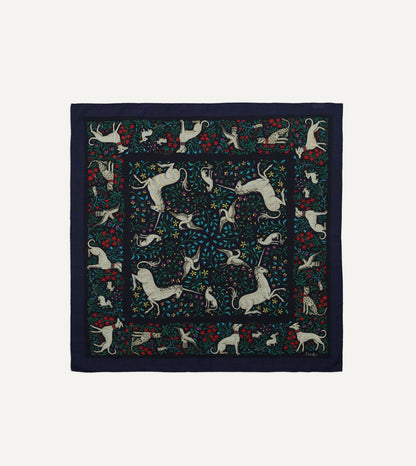 Drake's Navy Unicorn Print Wool-Silk Bandana