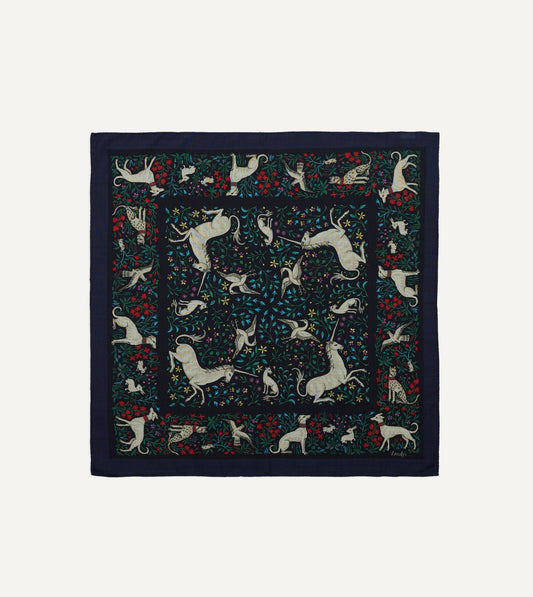 Drake's Navy Unicorn Print Wool-Silk Bandana