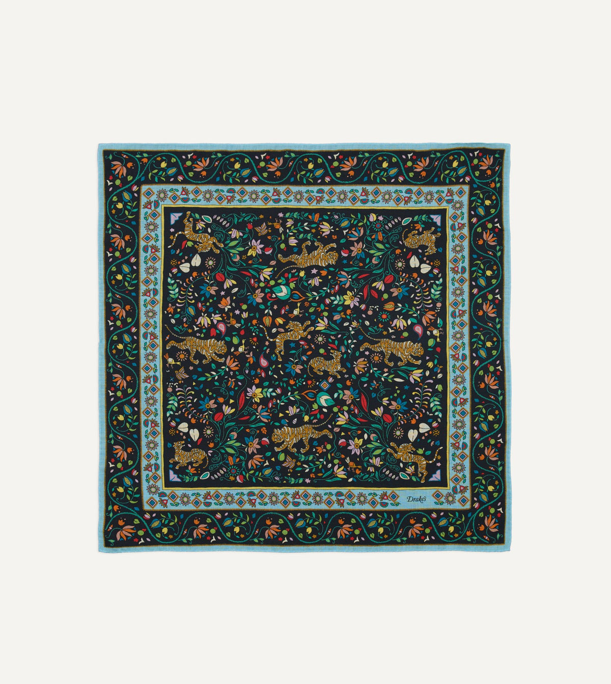 Drake's Navy Tiger Garden Print Wool-Silk Bandana