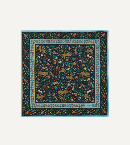 Drake's Navy Tiger Garden Print Wool-Silk Bandana