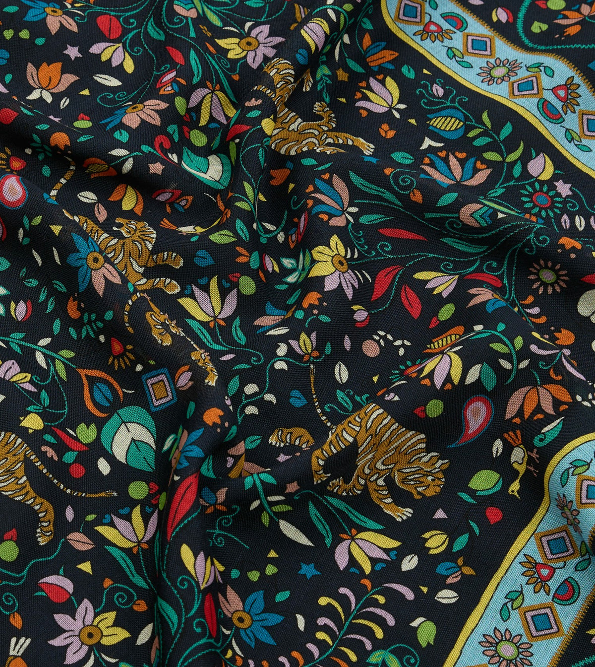 Drake's Navy Tiger Garden Print Wool-Silk Bandana