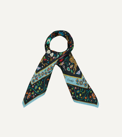 Drake's Navy Tiger Garden Print Wool-Silk Bandana