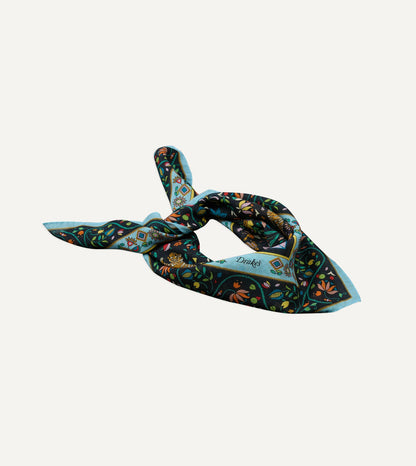 Drake's Navy Tiger Garden Print Wool-Silk Bandana