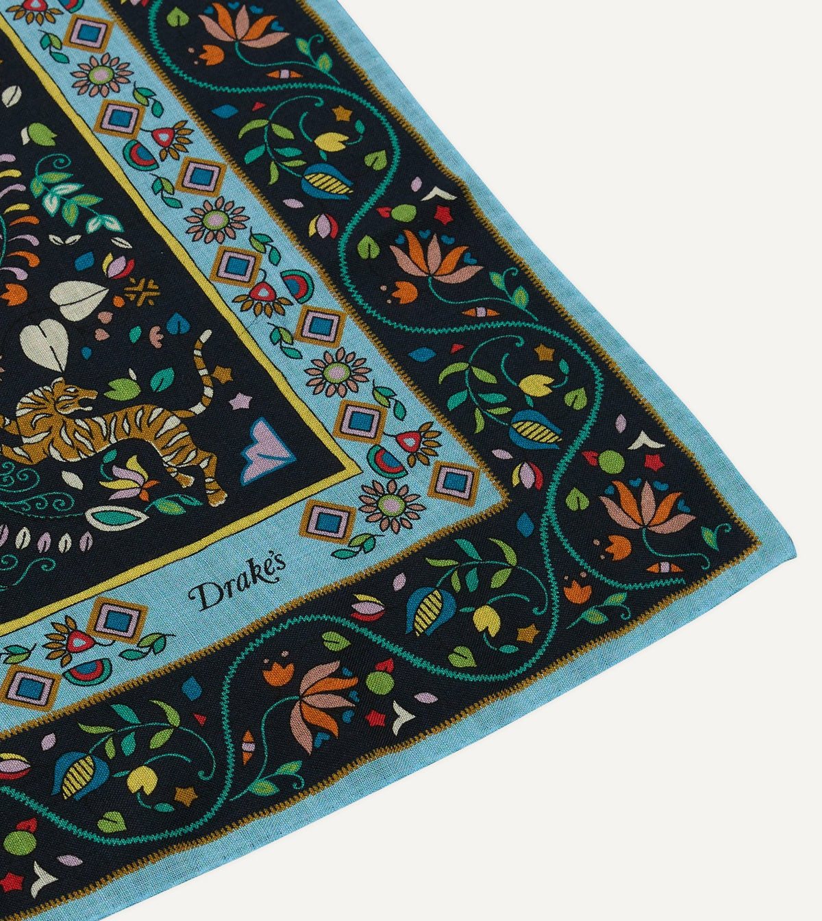 Drake's Navy Tiger Garden Print Wool-Silk Bandana