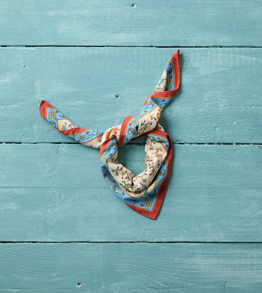 Drake's Ecru Animals and Flowers Print Silk Bandana