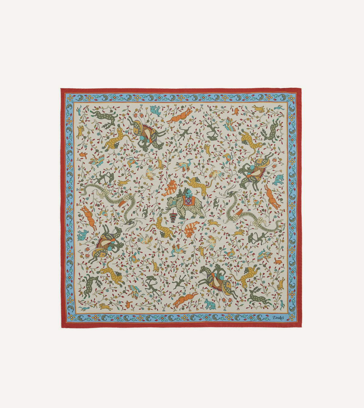 Drake's Ecru Animals and Flowers Print Silk Bandana