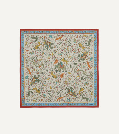 Drake's Ecru Animals and Flowers Print Silk Bandana