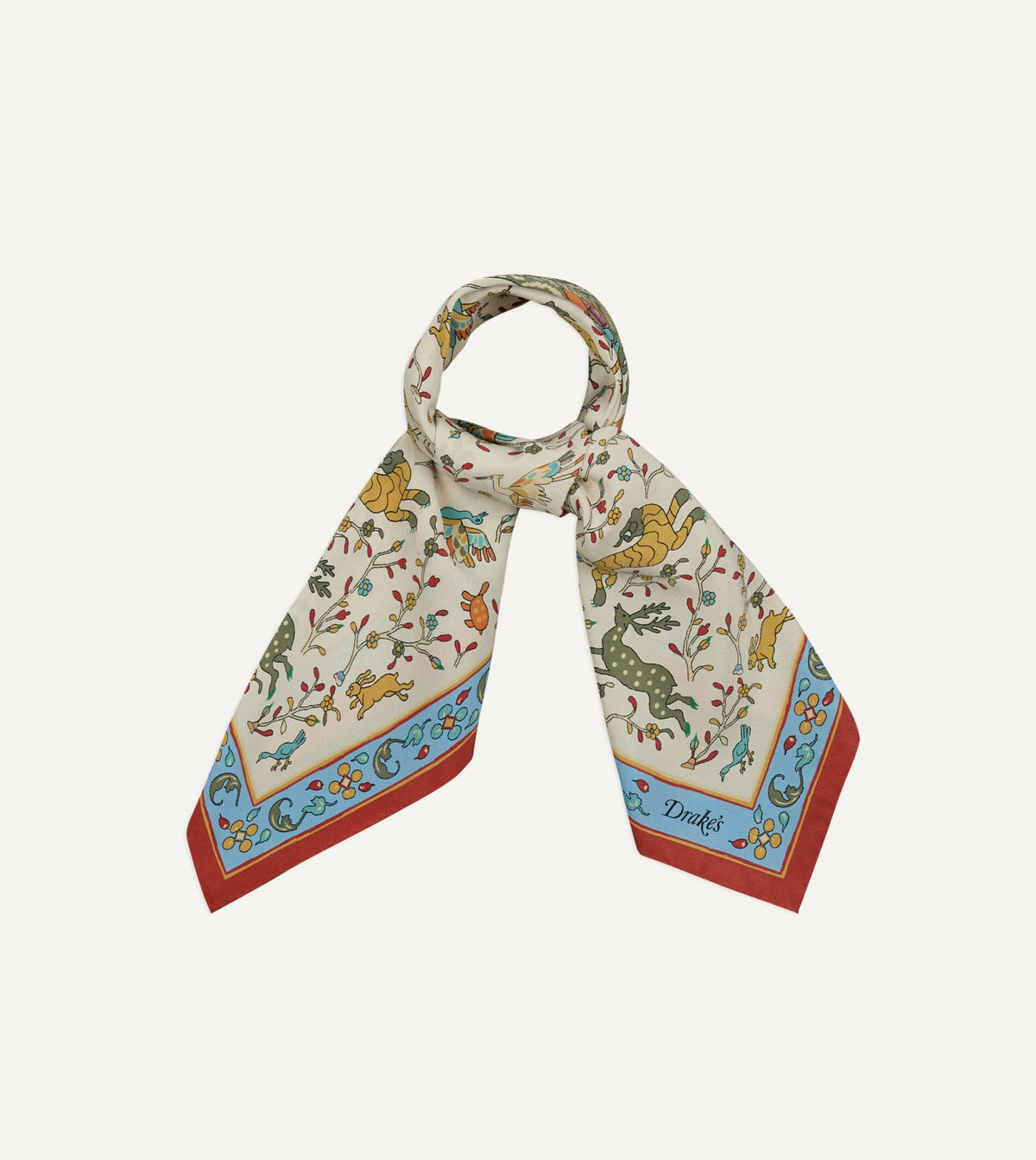 Drake's Ecru Animals and Flowers Print Silk Bandana
