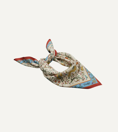 Drake's Ecru Animals and Flowers Print Silk Bandana