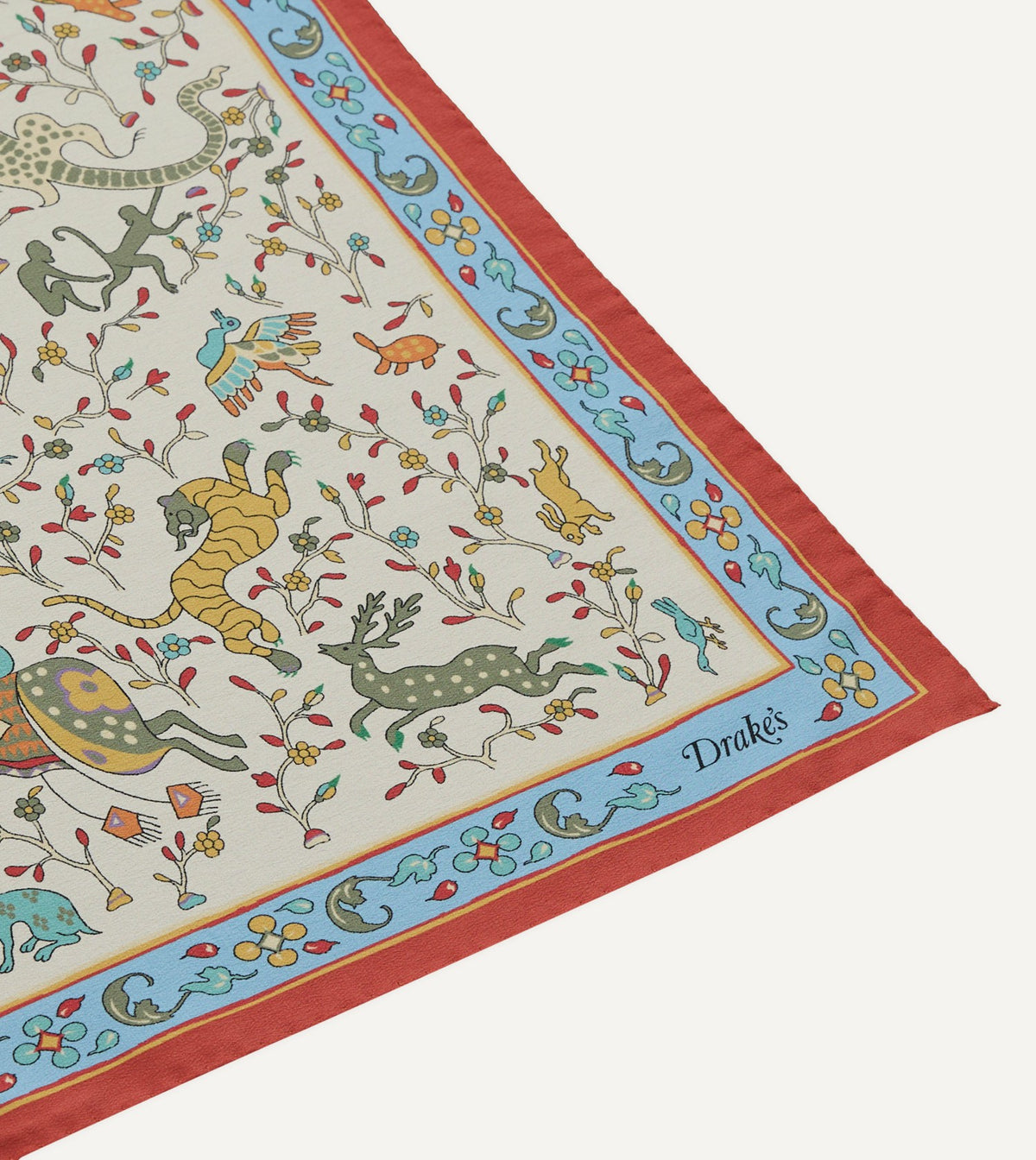 Drake's Ecru Animals and Flowers Print Silk Bandana
