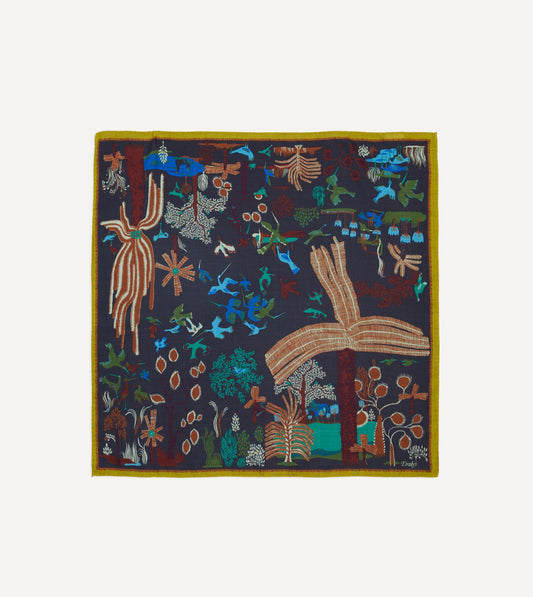 Drake's Navy Palm Print Wool-Silk Bandana