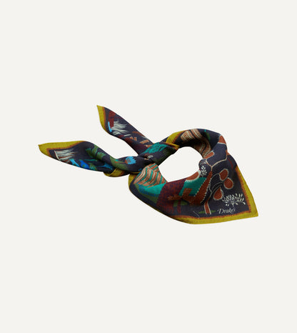 Drake's Navy Palm Print Wool-Silk Bandana