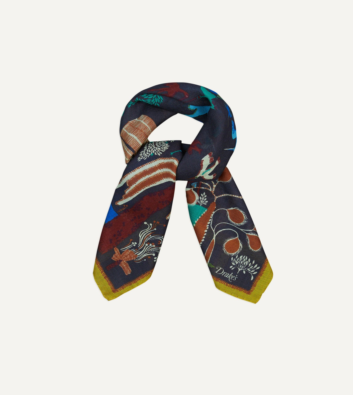Drake's Navy Palm Print Wool-Silk Bandana