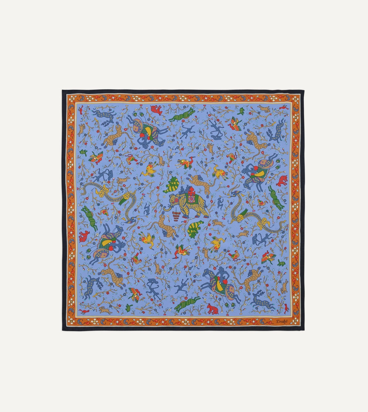 Drake's Blue Animals and Flowers Print Silk Bandana