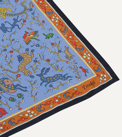 Drake's Blue Animals and Flowers Print Silk Bandana