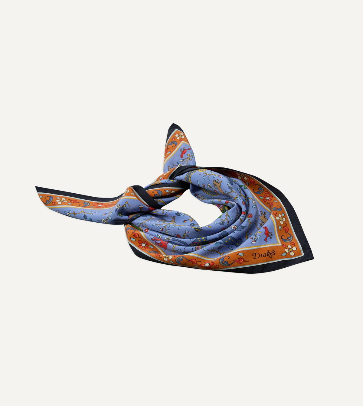 Drake's Blue Animals and Flowers Print Silk Bandana
