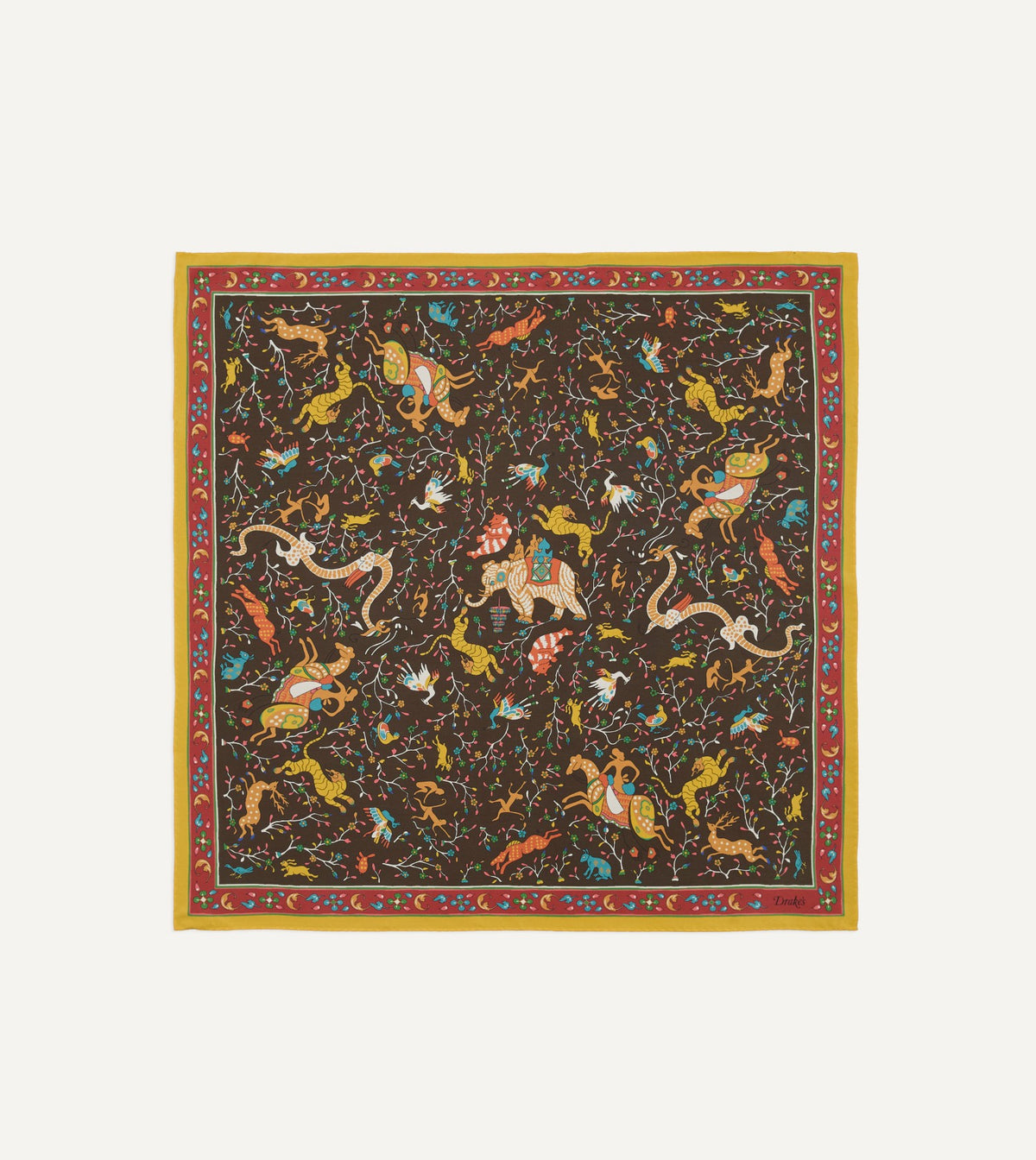 Drake's Brown Animals and Flowers Print Silk Bandana