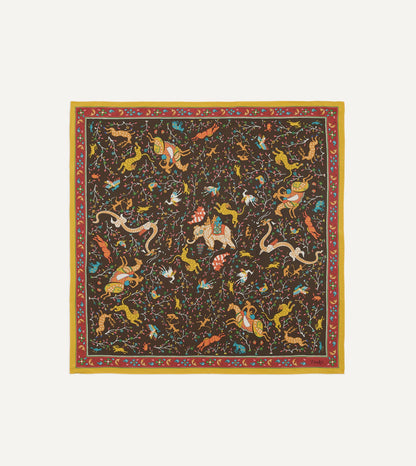 Drake's Brown Animals and Flowers Print Silk Bandana