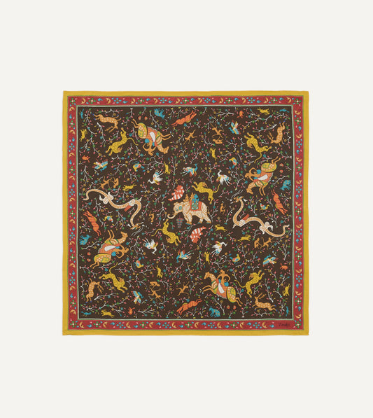 Drake's Brown Animals and Flowers Print Silk Bandana