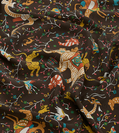 Drake's Brown Animals and Flowers Print Silk Bandana