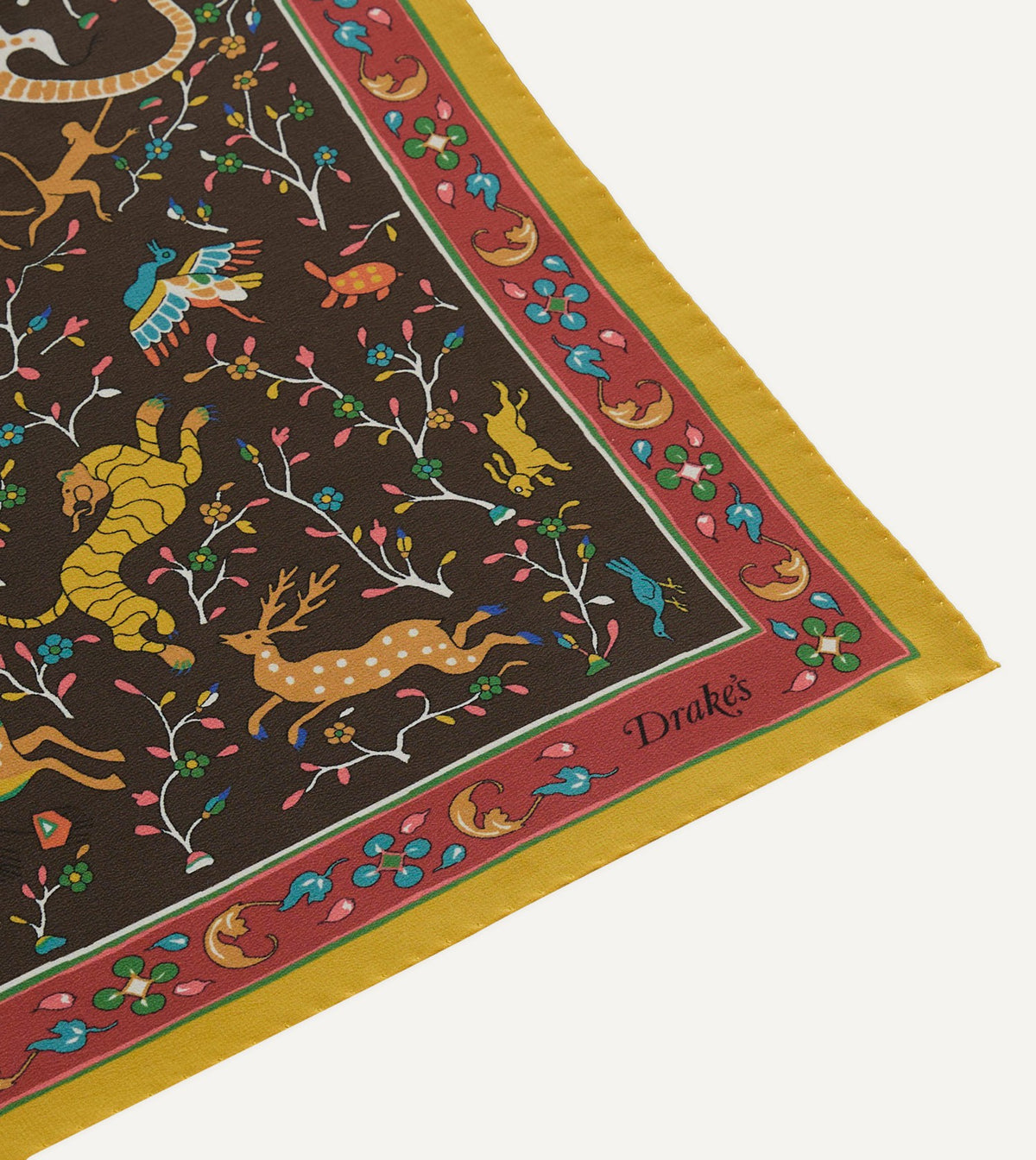Drake's Brown Animals and Flowers Print Silk Bandana