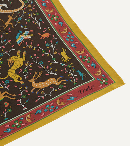 Drake's Brown Animals and Flowers Print Silk Bandana