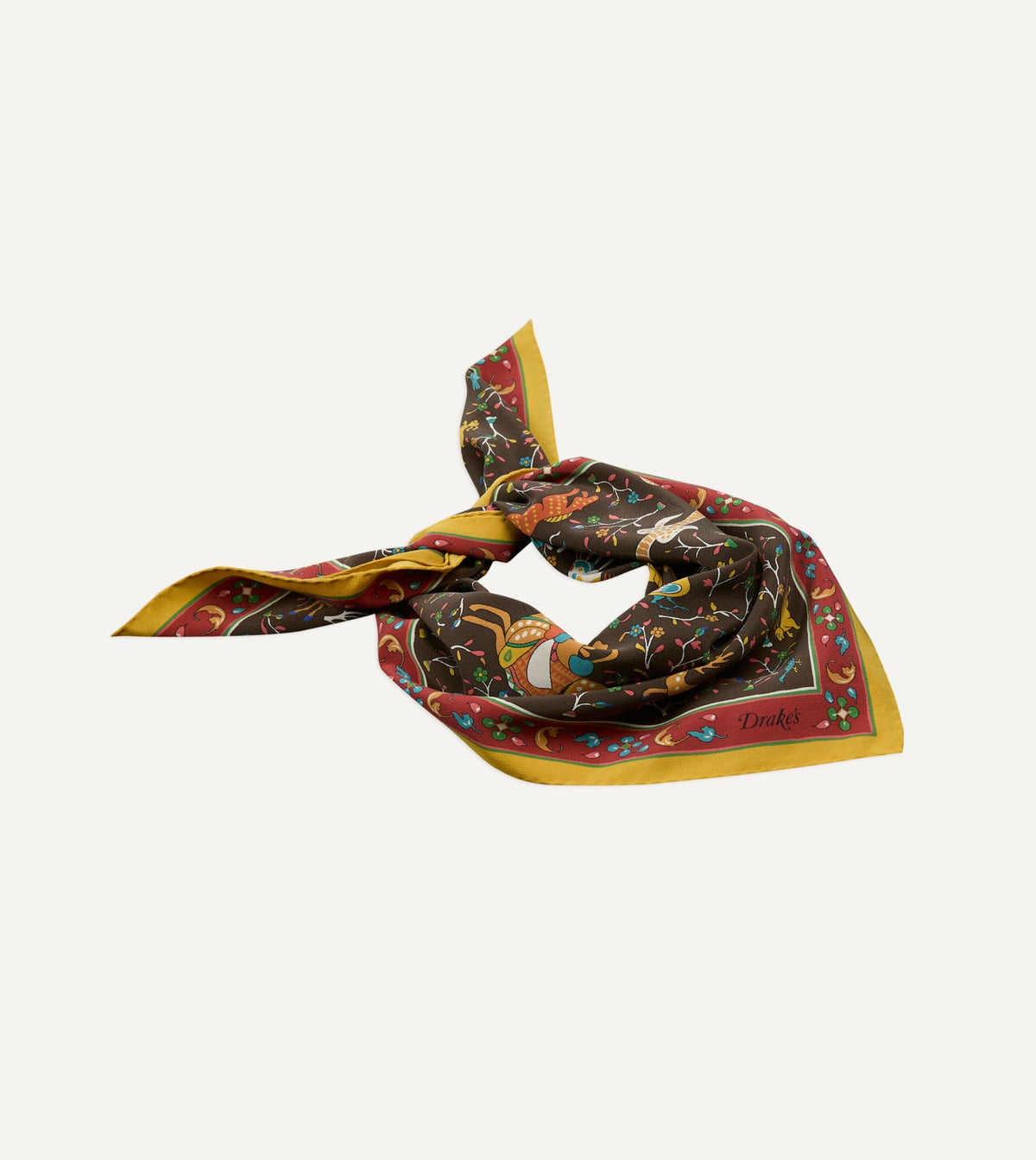 Drake's Brown Animals and Flowers Print Silk Bandana