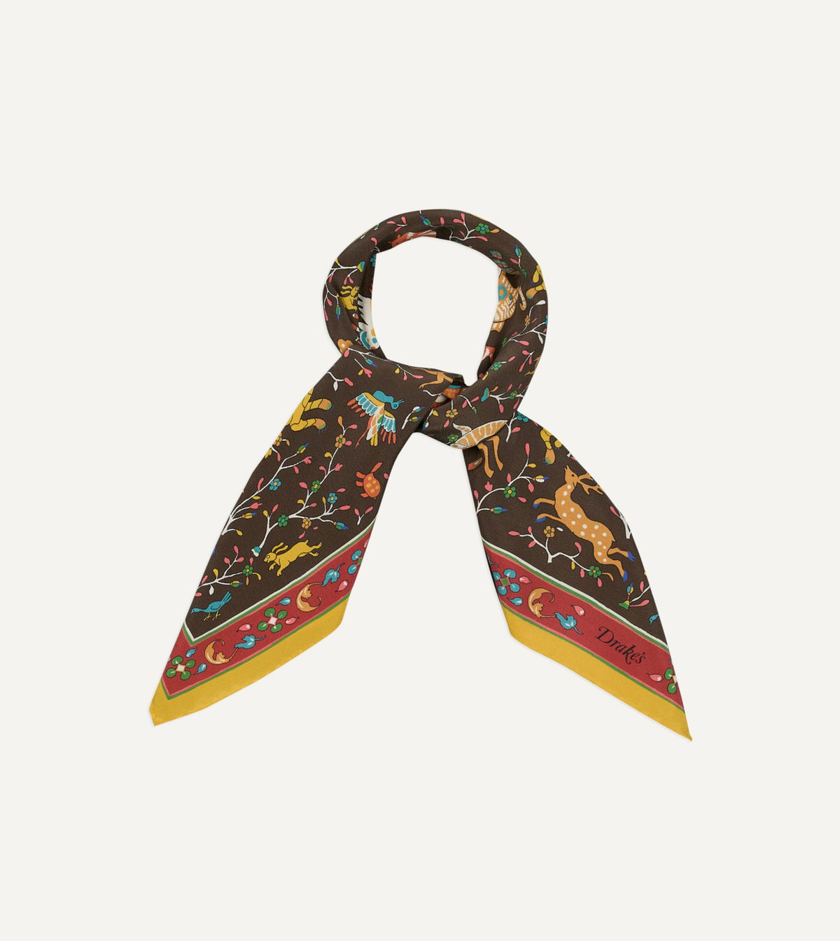 Drake's Brown Animals and Flowers Print Silk Bandana