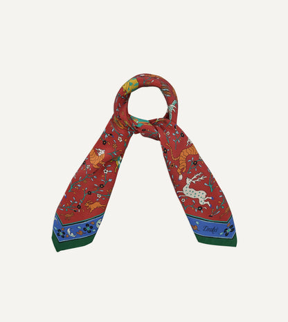 Drake's Red Animals and Flowers Print Silk Bandana