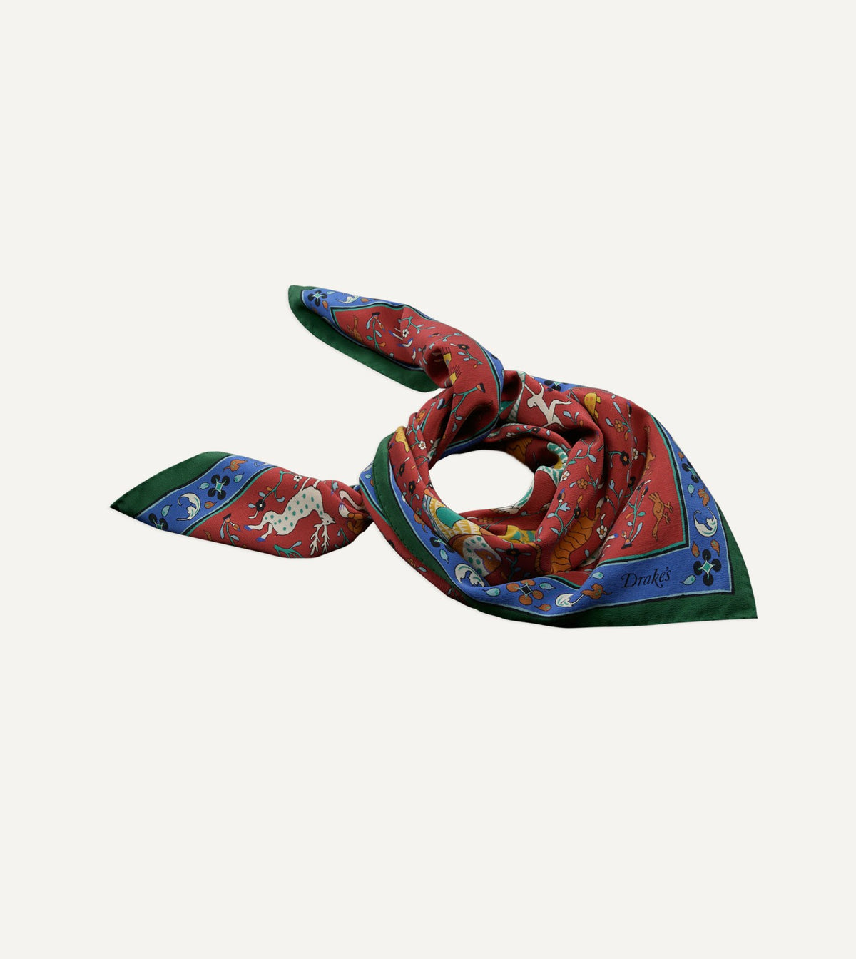 Drake's Red Animals and Flowers Print Silk Bandana