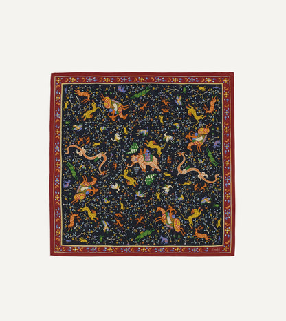 Drake's Navy Animals and Flowers Print Silk Bandana