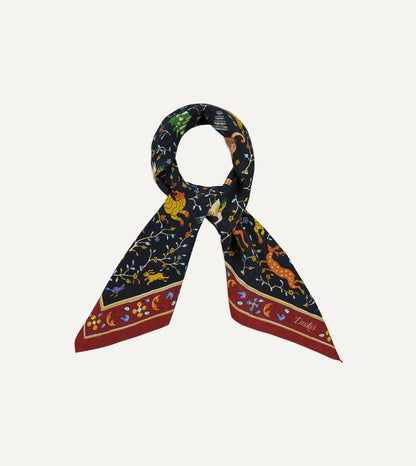 Drake's Navy Animals and Flowers Print Silk Bandana