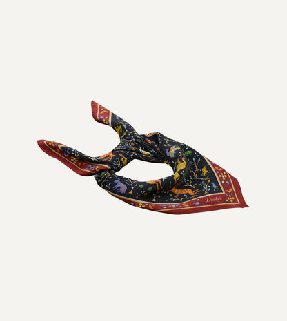 Drake's Navy Animals and Flowers Print Silk Bandana