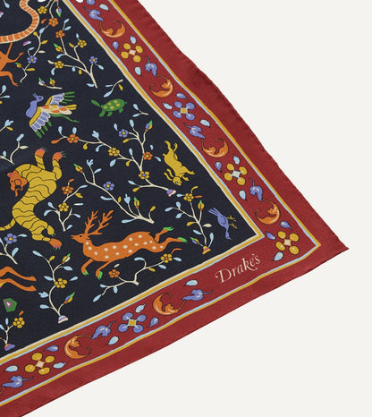 Drake's Navy Animals and Flowers Print Silk Bandana
