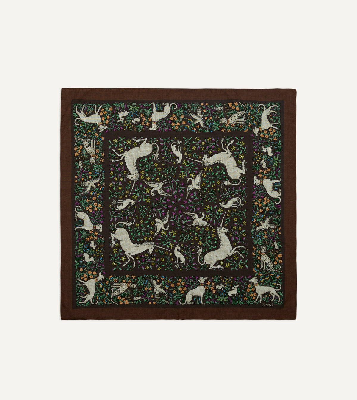 Drake's Brown Unicorn Print Wool-Silk Bandana