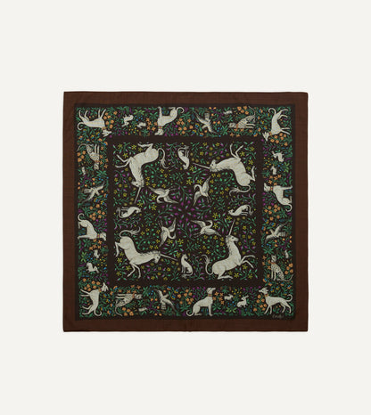 Drake's Brown Unicorn Print Wool-Silk Bandana