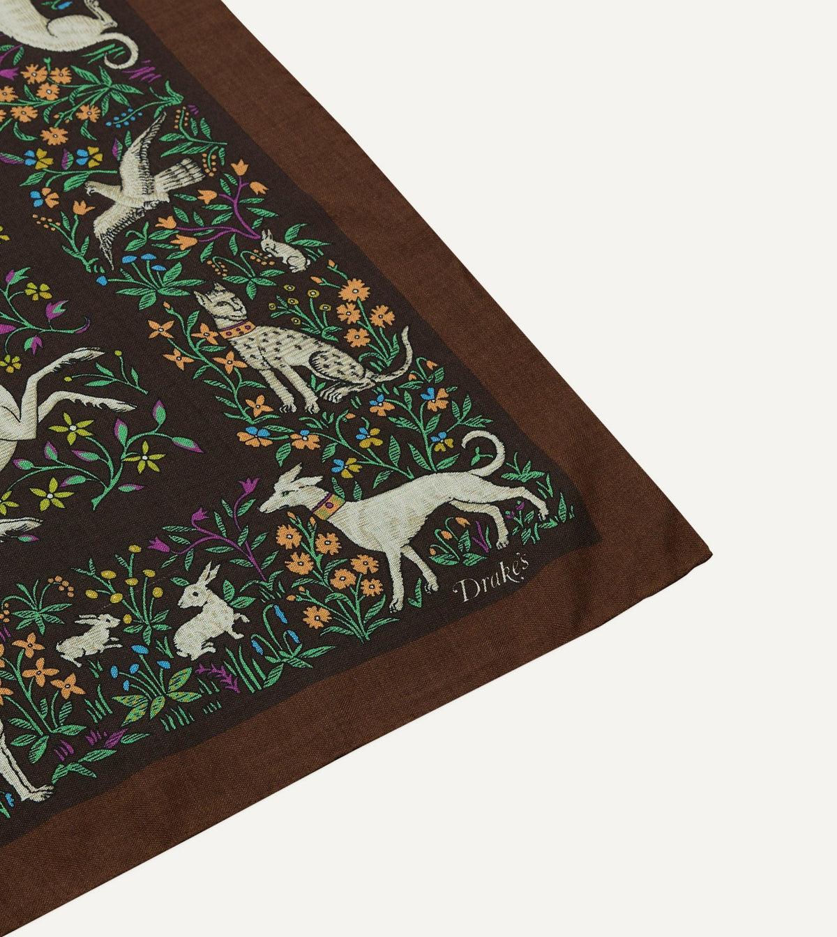 Drake's Brown Unicorn Print Wool-Silk Bandana