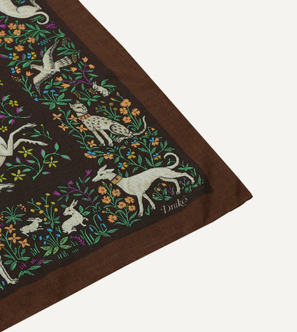Drake's Brown Unicorn Print Wool-Silk Bandana